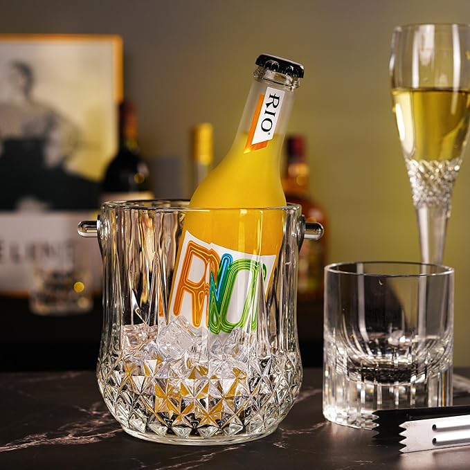 Glass Ice Bucket with Handle and Ice Tong Clear Crystal Ice Buckets for Cocktail Bar Wine Home Bar Accessories Parties Clear Champagne Bucket