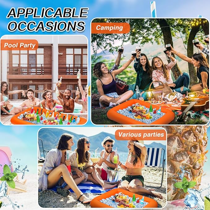 Leitee 4 Pcs Inflatable Ice Serving Bars Buffet Serving Tray Drink Cooler for Pool Party Inflatable Ice Tray Floating Food Drink Containers with Drain Plug and a Hand Pump, 2 Sizes (Orange)