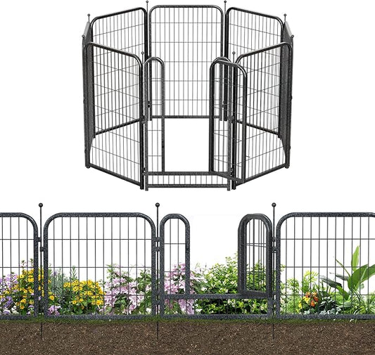 Metal Garden Fence with 7 Panels 1 Gate Outdoor Dog Fence 18ft (L)×45in (H) Decorative Pet & Animal Barrier, Garden and Yard Fencing，Black-Silver