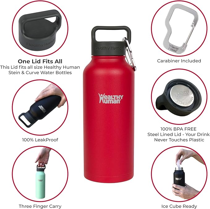 Healthy Human Stainless Steel Water Bottle | Double Walled Vacuum Insulated Water Thermos for Adults | Eco-Friendly Travel Bottles with Leak Proof Lid (Red Hot, 32 oz/ 946 ML)