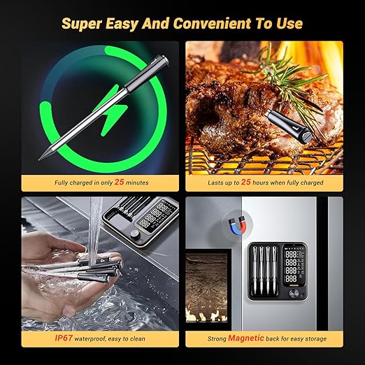 Wireless Meat Thermometer with 4 Probes, Inkbird Wifi Digital Food Thermometer for Turkey Beef Rotisserie Grill Oven,Unlimited Range Dishwasher Waterproof Bluetooth Meat Thermometer for iOS & Android