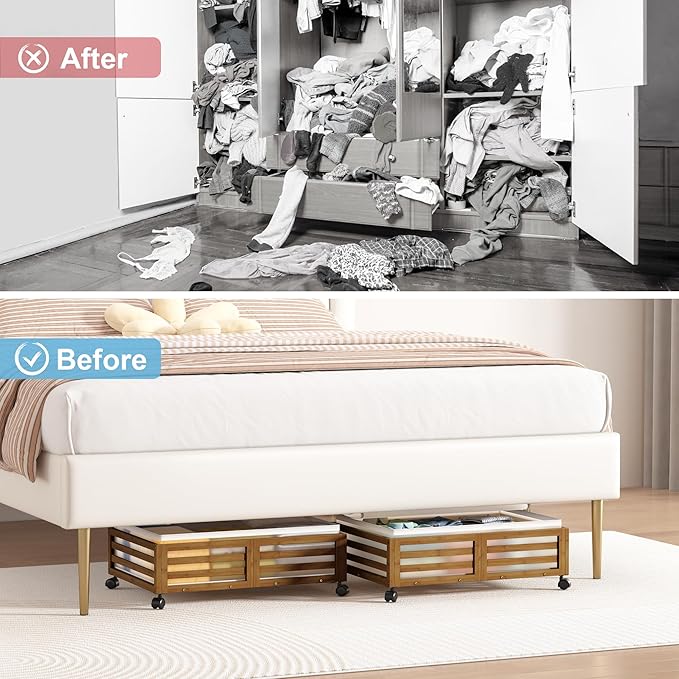 Under Bed Storage Containers With Wheels - 2 Pcs Bamboo Wood Rolling Underbed Shoe Storage Bins With Dust Bags for Clothes Blankets, Duvet Covers Snacks Toys (Walnut)