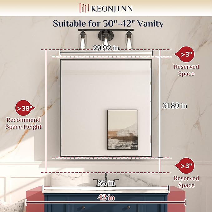 Keonjinn 30 x 32 Inch Silver Bathroom Medicine Cabinets with Mirror Aluminum Alloy Frame with Beveled Edges Recessed or Surface Wall-Mounted Metal Framed Medicine Cabinet for Bathroom Vanity