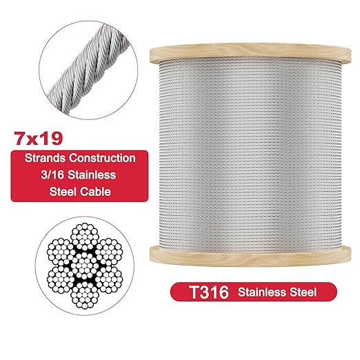 1000FT 3/16 Stainless Steel Cable for Deck Railings System 7 x 19 Strand Construction Aircraft Cable for Rail Deck and DIY Balustrade