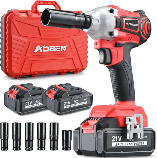 AOBEN Cordless Impact Wrench 1/2 inch,21V 300N.m Brushless Impact Gun with 2X 4.0Ah Battery,Charger & 6 Sockets,Electric Impact Wrench for Car Home (2 battery)