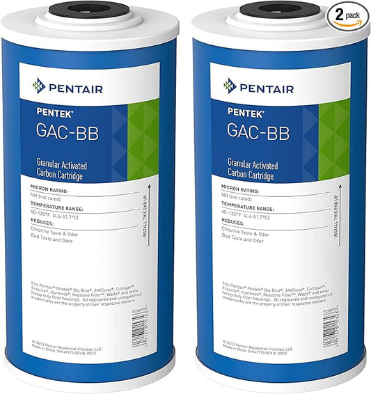 Pentair Pentek GAC-BB Big Blue Carbon Water Filter, 10-Inch, Whole House Heavy Duty Granular Activated Carbon (GAC) Replacement Cartridge, 10" x 4.5", Pack of 2