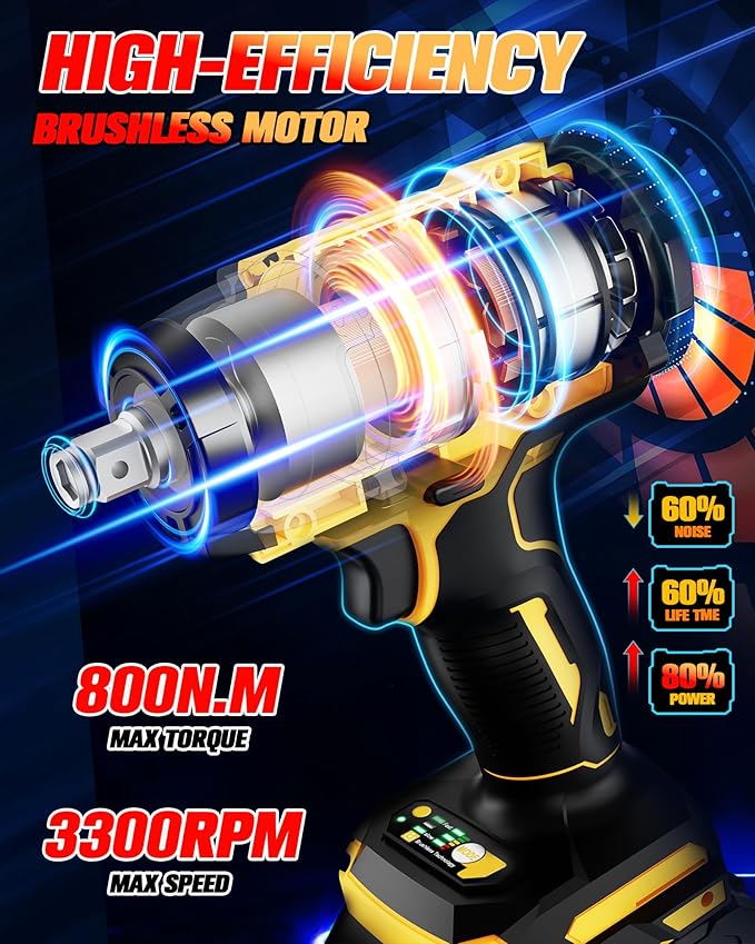 Cordless Impact Wrench - 590Ft-lbs (800N.m) Brushless 1/2 inch, 3300RPM High Torque Impact Gun, 2x 4.0Ah Battery, Charger & 7 Sockets, Electric Impact Wrench for Car Home
