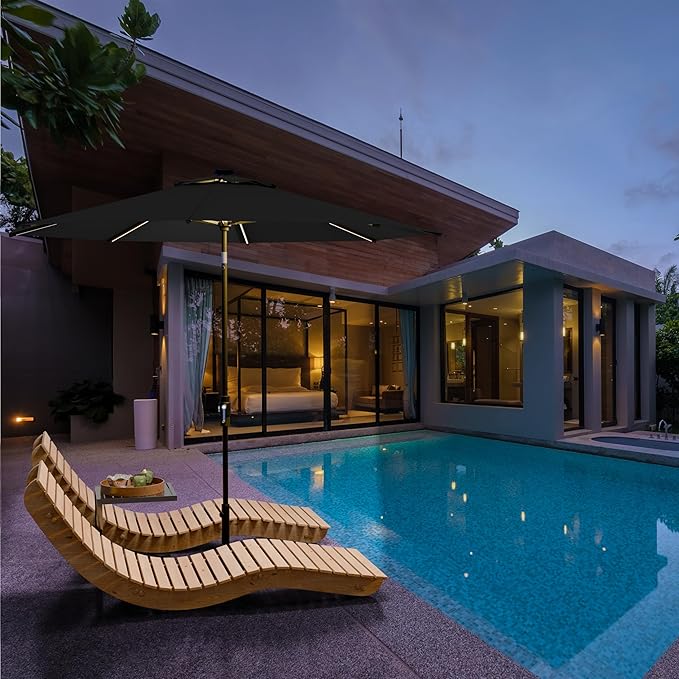 Midtown Umbrellas The LED Swilt 10 Feet Patio Umbrella With Sunbrella Black Acrylic Fabric - Auto-Tilt Aluminum Frame With LED Lights For Backyard, Deck, Garden, Pool - Black Pole