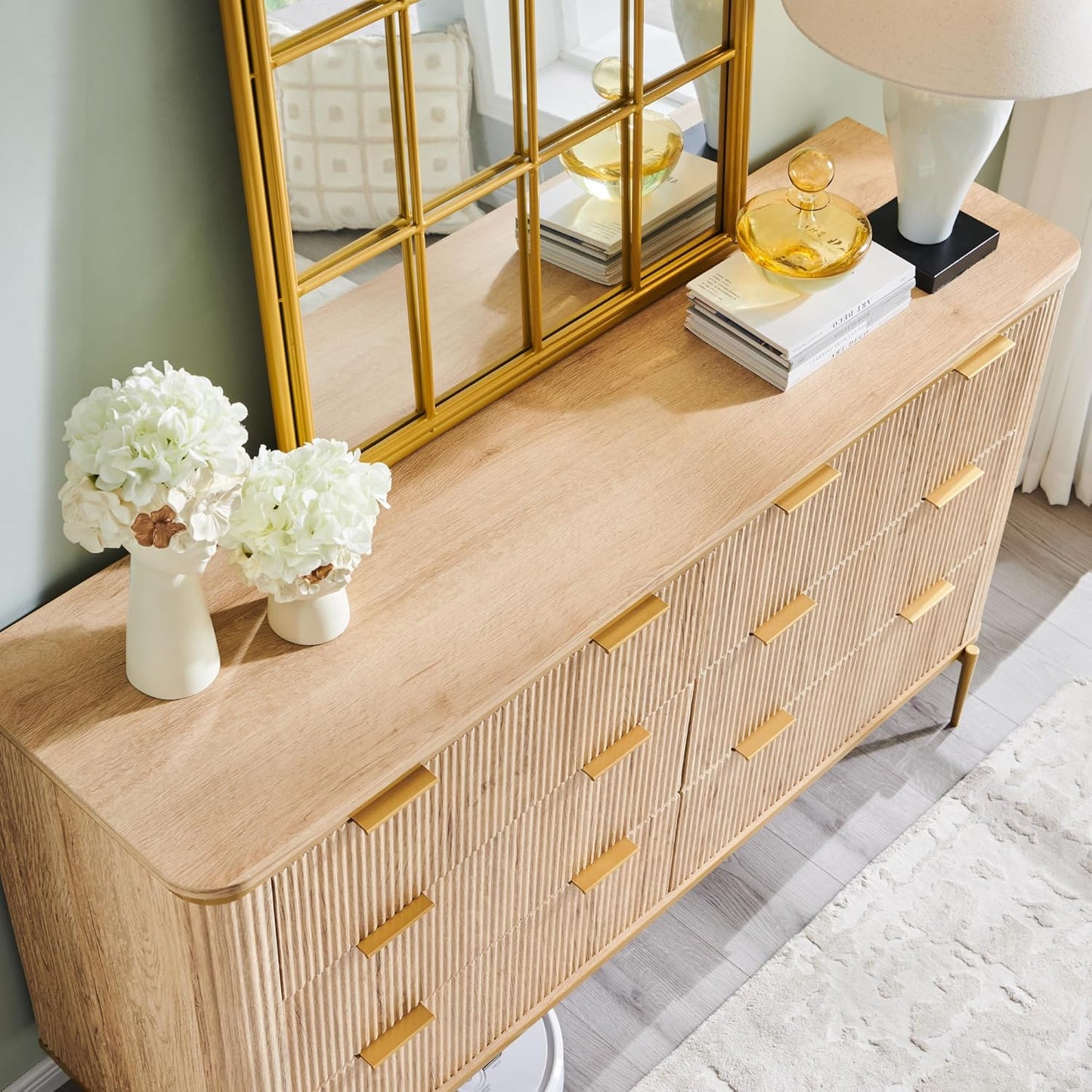 T4TREAM Fluted 6 Drawers Dresser for Bedroom, 54" Wide Modern Dresser TV Stand, Gold Accents, Fluted Fronts, Wood Storage Dressers Organizer for Bedroom, Living Room, Natural Oak