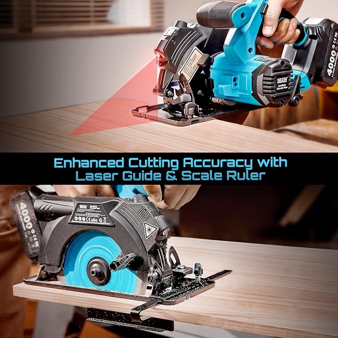 Seesii 6-1/2" Cordless Circular Saw with Battery and Charger,5200 RPM Electric Power Saw with Laser and Rip Guide for Precise Wood Cutting,Max Cut Depth 2-1/4"(90°),1-7/16" (45°) for Home Renovation