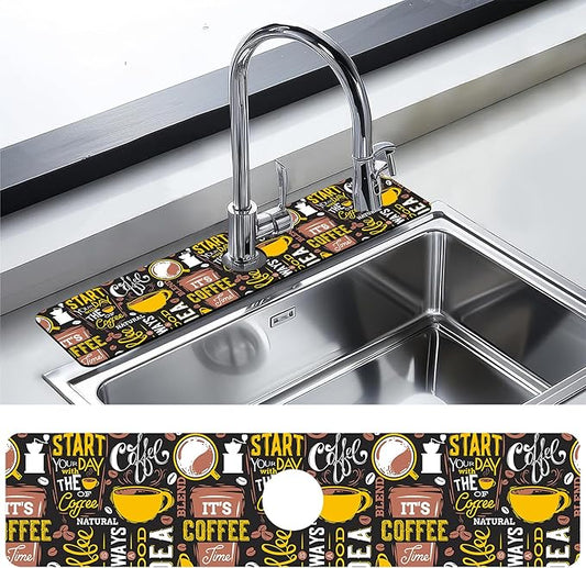 Kitchen Faucet Mat Coffee Poster Kitchen Sink Splash Guard Faucet Mat,1 PC Splash Guard Behind Faucet Drip Catcher for Kitchen,Sink Mat,Dish Drying Mat,Bathroom Faucet Mat 23.5""X5.5""