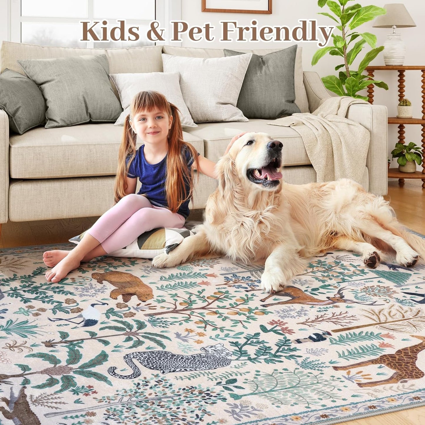 OJIA Jungle 8x10 Area Rugs for Living Room Bedroom Large Washable Rugs, Thin Modern Nursery Rug Non-Shedding Kids Playroom Rug Stain Resistant Large Carpet Neutral Rugs for Kids Room Dining