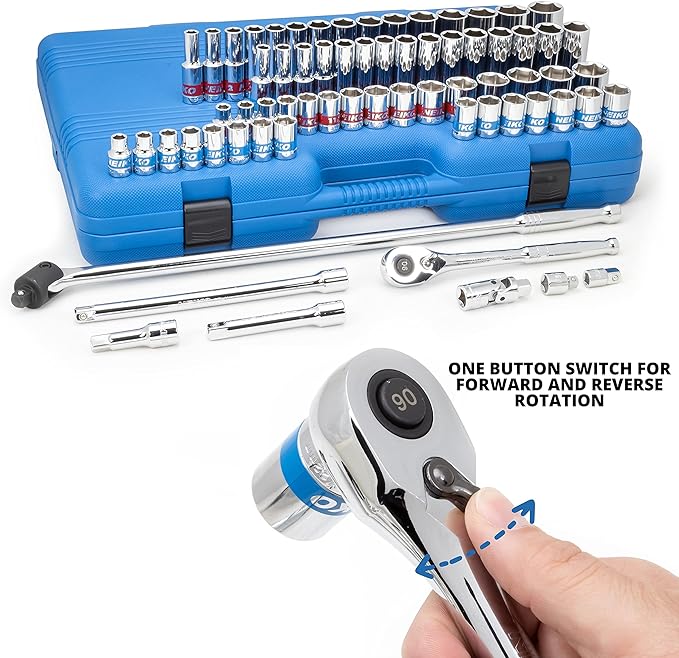 Neiko 02479A 1/2 Inch-Drive Colored Mechanics Tool Ratchet, Socket Set, 68 Piece Standard and Deep SAE Sizes 3/8" to 1-1/4" Metric Sizes 10 mm to 24 mm Made with CrV Steel for Auto Repair