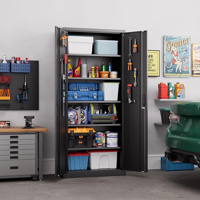 70.87" H Metal Garage Cabinet with 2 Doors and 5 Adjustable Shelves,Metal Storage Cabinet with Pegboards and Hooks for Garage, Office, Home,Gym, School, Assembly Required,Black