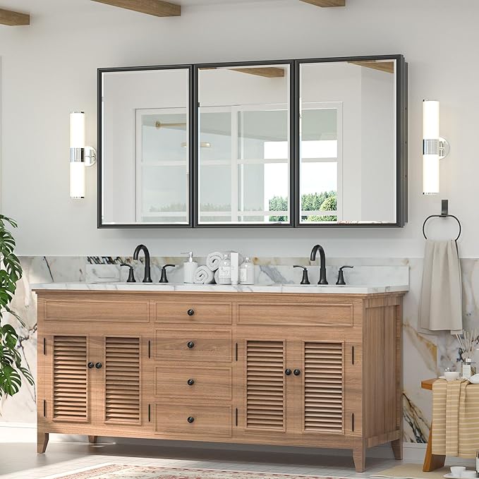 TETOTE 60x30 Inch Black Medicine Cabinet Mirror for Bathroom Aluminum Framed Surface or Recessed Wall-Mounted Medicine Cabinets Beveled Mirror with Storage 3 Door Modern Farmhouse