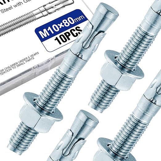 10Pcs M10×80mm Wedge Anchor Bolt, Carbon Steel Zinc Plated, Concrete Anchor Screws Kit, Anti-Rust Metric Expansion Bolts