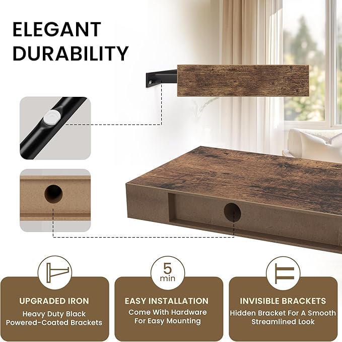 Floating Shelves for Wall, 36"W x 8"D x 1.5"H, Wooden Wall Mounted Display Shelves with Invisible Brackets for Living Room, Bedroom, Bathroom, Kitchen Decor and Storage, Set of 2, Rustic Brown