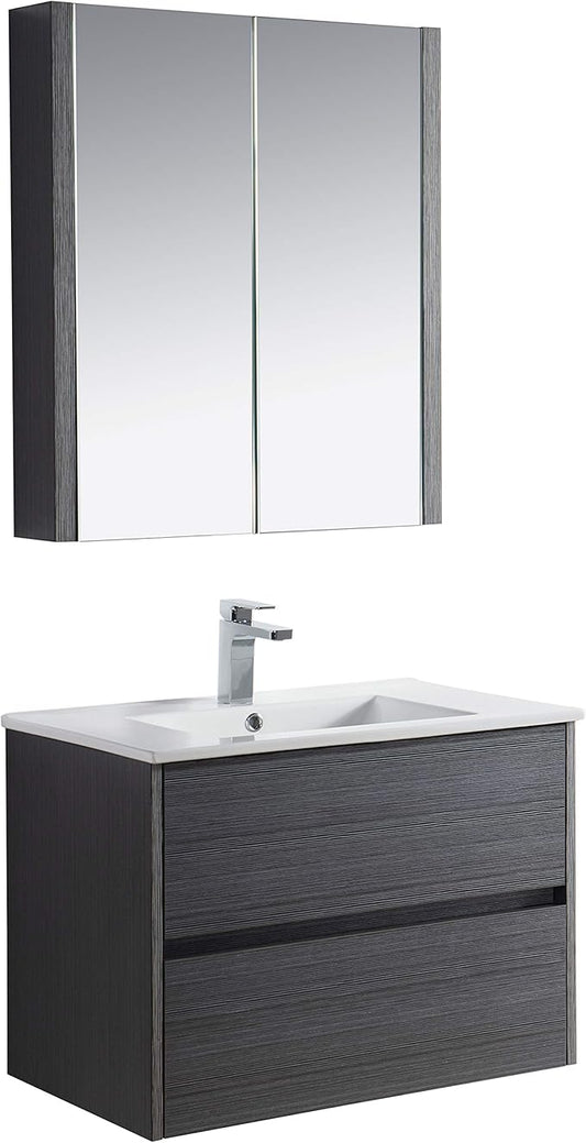 Blossom Single Bathroom Vanity with Ceramic Sink and Mirror Medicine Cabinet | All Wood Floating Vanity Cabinet | 2 Soft-Closing U-Shaped Cutout Drawers | 30 inch, Silver Grey