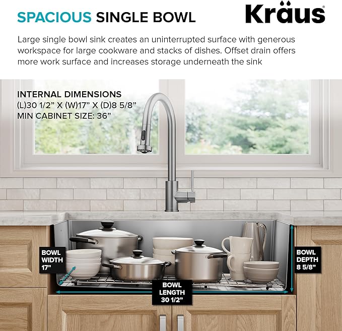 KRAUS Fairlane 33-inch Undermount Single Bowl 18-Gauge Stainless Steel Kitchen Sink, KHU640-33