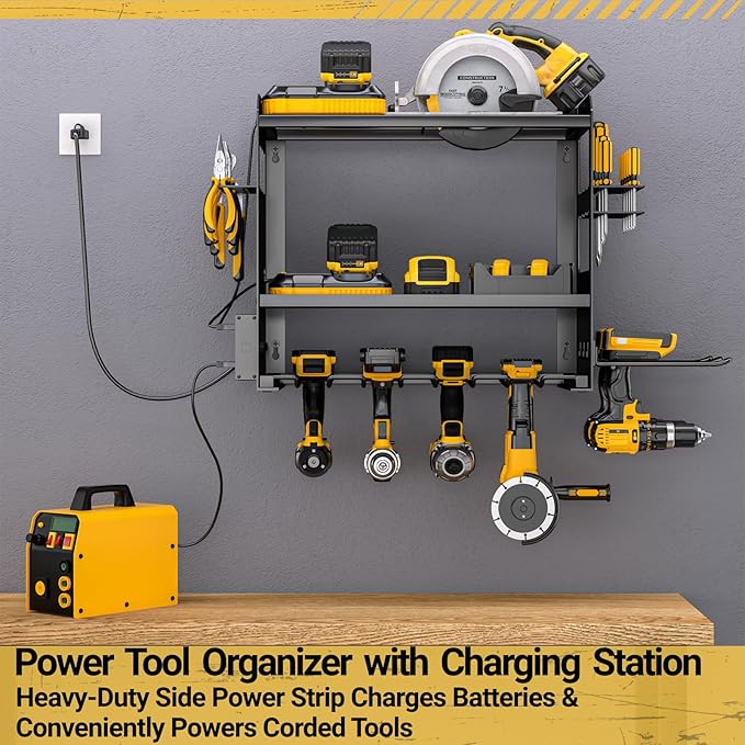 YYR Power Tool Organizer Wall Mount with Charging Station, Cordless Tools Hanger and Battery Storage Rack for Garage Organization, Heavy Duty Drill Holder Shelf Build in Metal Power Strip - Black