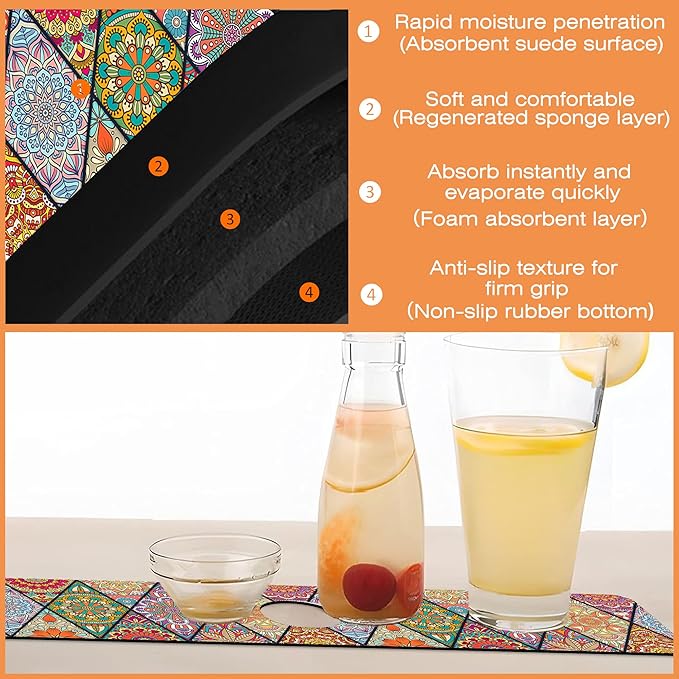 Kitchen Faucet Mat Bohemian Rug Texture Kitchen Sink Splash Guard Faucet Mat,1 PC Splash Guard Behind Faucet Drip Catcher for Kitchen,Sink Mat,Dish Drying Mat,Bathroom Faucet Mat 23.5"X5.5"