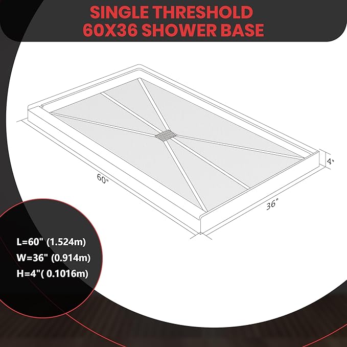 Shower Base 60"×36"×4", Single Threshold Shower Tray with Center Drain, Rectangle SMC Shower Pan, White Slip Resistant Textured Surface Shower Base for Bathroom