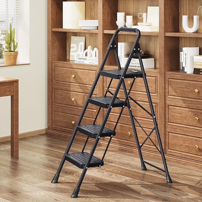 KINGRACK 4 Step Ladder, Sturdy Steel Step Stool with Anti-Slip Wide Pedals, Handrail, Safe-Lock Design, Pass 800lbs Load Testing, Folding Portable Ladder for Multi-Purpose, Home, Kitchen, Black