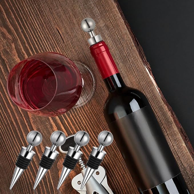 4 Pcs Wine Bottle Corks Wine Bottle Stoppers for Beverage, Reusable Silicone Vacuum Wine Bottle Corks Stopper for Glass Bottles Party Wedding Bar Wine Stopper (Silver)