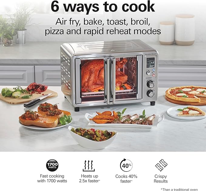 Hamilton Beach Sure Crisp 6-in-1 XL Digital Air Fryer Toaster Oven Combo, With Easy-Access French Doors, Bake, Broil, Toast, Pizza & Reheat Functions, 0.9 cu. ft. Capacity, Stainless Steel (31191)