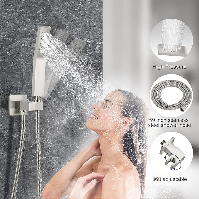 JOMEOO® 12 Inch Brushed Nickel Shower System, Wall Mounted High Pressure Rain Shower Head with Handheld Sprayer, Bathroom Luxury Rainfull Shower Head Shower Faucet Set Rough in Valve Body and Trim