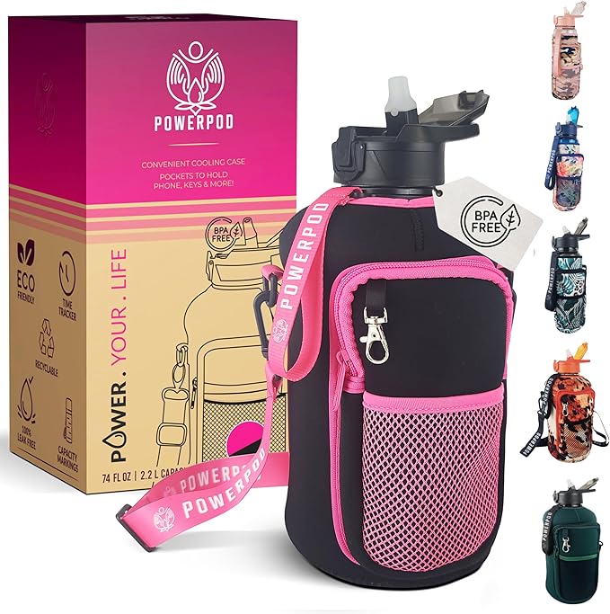 Motivational Half Gallon Water Bottle (74oz, 2.2L) Sports Water Jug + Storage Sleeve, Silicone Straw, Adjustable Carrying Strap - Reusable Water Bottle- BPA Free Water Bottle-Black and Pink