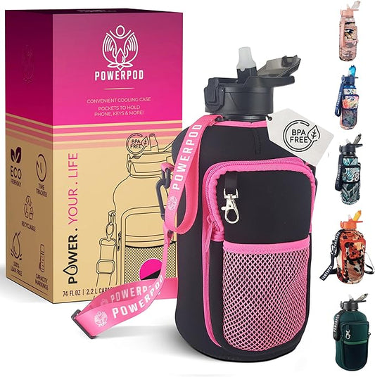 Motivational Half Gallon Water Bottle (74oz, 2.2L) Sports Water Jug + Storage Sleeve, Silicone Straw, Adjustable Carrying Strap - Reusable Water Bottle- BPA Free Water Bottle-Black and Pink