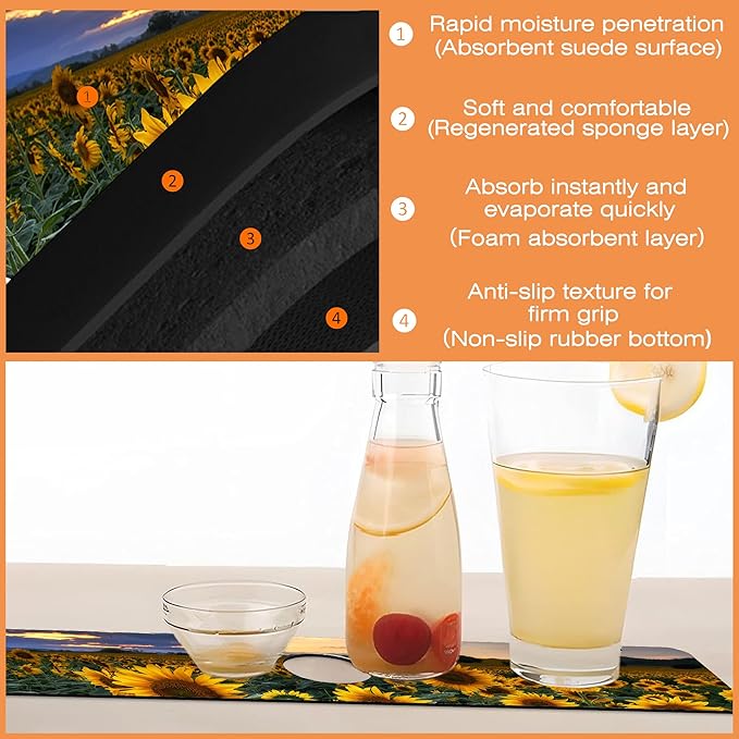Kitchen Sink Splash Guard Faucet Mat Sunflowers Blooming at Sunset Sink Splash Guard Behind Faucet,1 PC Soft Diatom Mud Non-Slip Mat-for Kitchen,Dish Drying Mat,Bathroom Faucet Mat 15.5"X5.5"