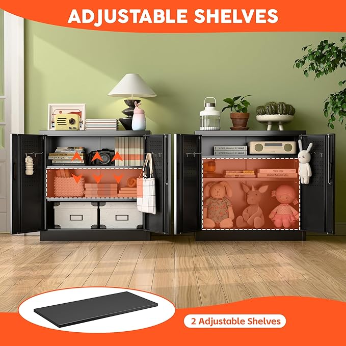 Metal Storage Cabinets with Pegboards and Hooks, 31.5" H Metal Garage Cabinets with Locking Doors and 2 Adjustable Shelves for Home,Office,Garage,School,Assembly Required,Black