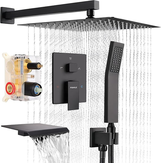 12 Inch Rainfall Shower System with Tub Spout Wall Mounted Complete Combo with Solid Brass Pressure Balancing Valve, High Pressure Shower Head, Handle Set & Installation Accessories Matte Black