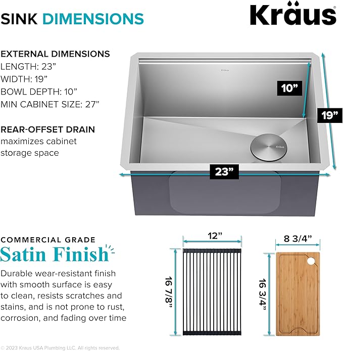 KRAUS Kore 23-Inch Undermount Workstation 16 Gauge Single Bowl Stainless Steel Kitchen Sink with Accessories, KWU111-23