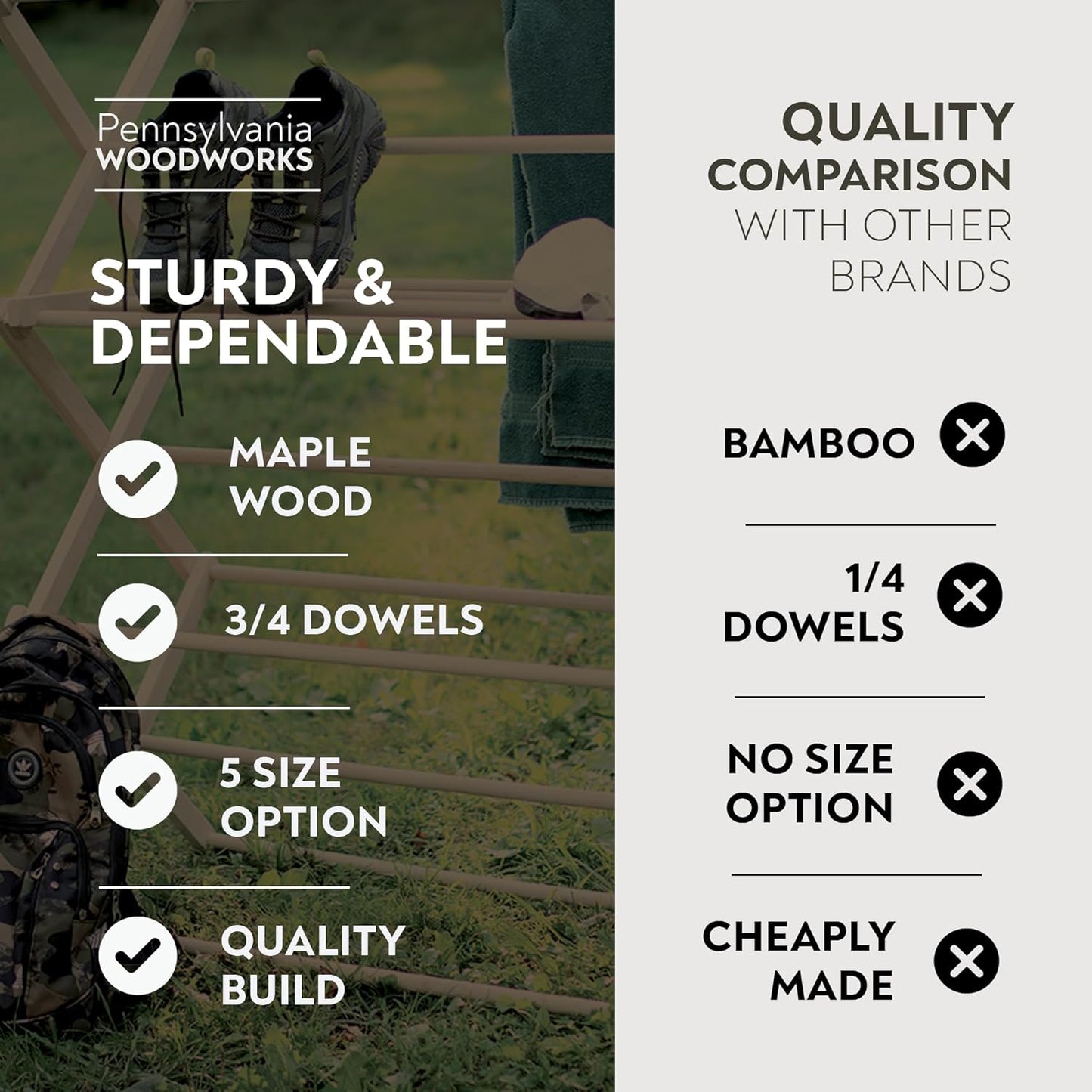 Pennsylvania Woodworks Clothes Drying Rack: Solid Maple Hard Wood Laundry Rack for Baby Clothes, Hand Towels, Delicates & More, Durable Small Folding Drying Rack, Made in USA, No Assembly Needed