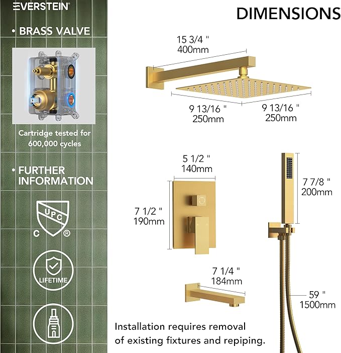 Shower Tub Faucet Set, 10" Bathroom Rainfall Shower Head Fixtures Combo with Handheld Spray and Tub Spout, Brushed gold