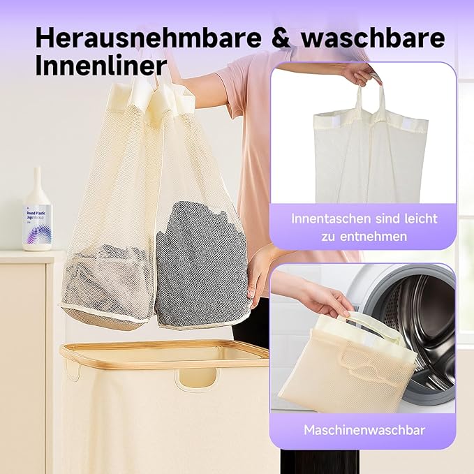 145L Double Laundry Basket with Lid, 2 Section Dirty Clothes Hamper with 2 Removable Bags for Bedroom, Bathroom, Dorm, Beige
