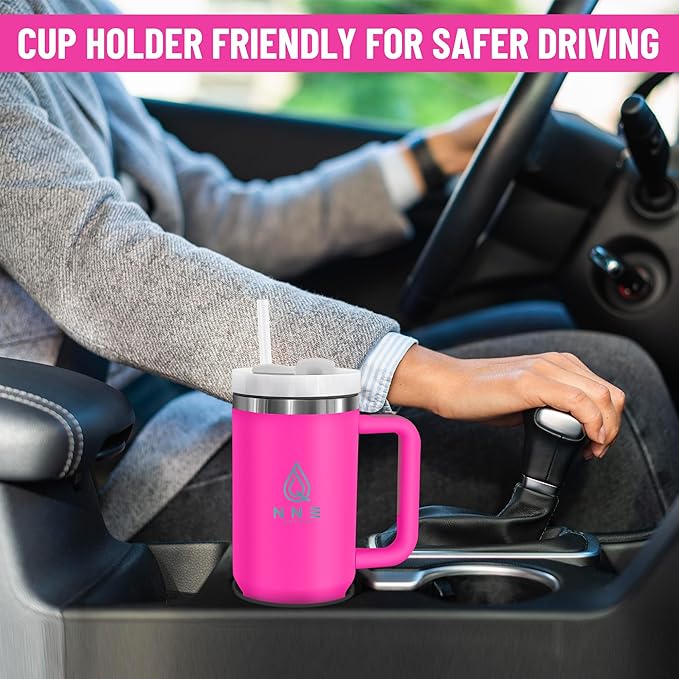 40oz stainless Steel Insulated Tumbler with Handle, lid and straw for cold water, Iced tea, or coffee - 100% Leak-Proof - Cupholder Friendly Travel Mug- Gifts for Women Men Him Her (Pink)