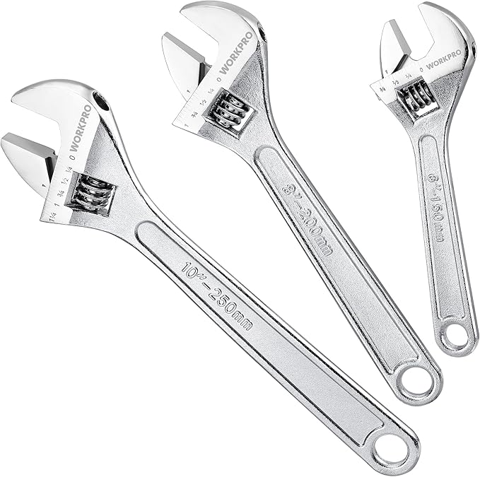 WORKPRO 3-Piece Adjustable Wrench Set, Forged Carbon Steel, Chrome-Plated, SAE & Metric Scale (6-inch, 8-inch, 10-inch)