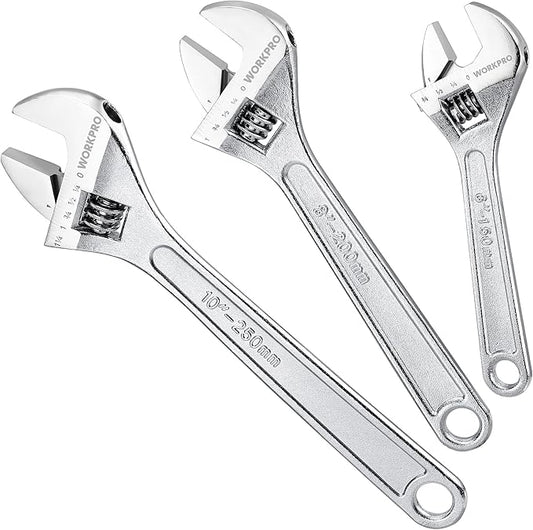 WORKPRO 3-Piece Adjustable Wrench Set, Forged Carbon Steel, Chrome-Plated, SAE & Metric Scale (6-inch, 8-inch, 10-inch)