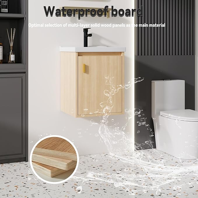 16'' Bathroom Vanity with Ceramic Sink Combo, Wall Mounted Small Bathroom Vanity with Soft-Close Door Modern Floating Cabinet, Pop-up Drain, P-Trap Included, Walnut(No Faucet)