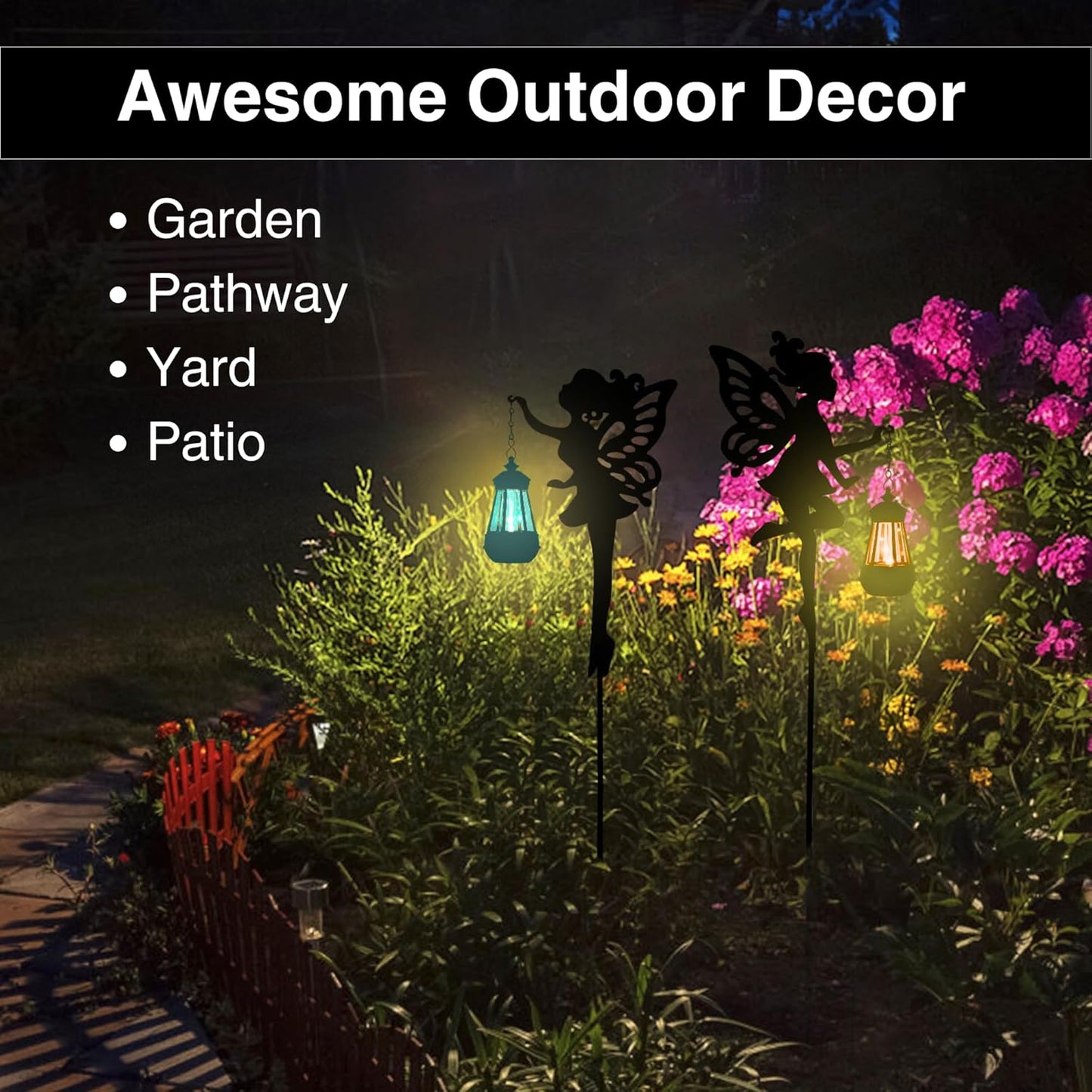 Fairy Garden Accessories Lawn Ornaments 1 Pair - Solar Lights Halloween Decorations Outdoor Garden Statue, Metal Stakes Decorative Figurines for Yard Decor, Patio (Type A Color-Shifting Lighting)