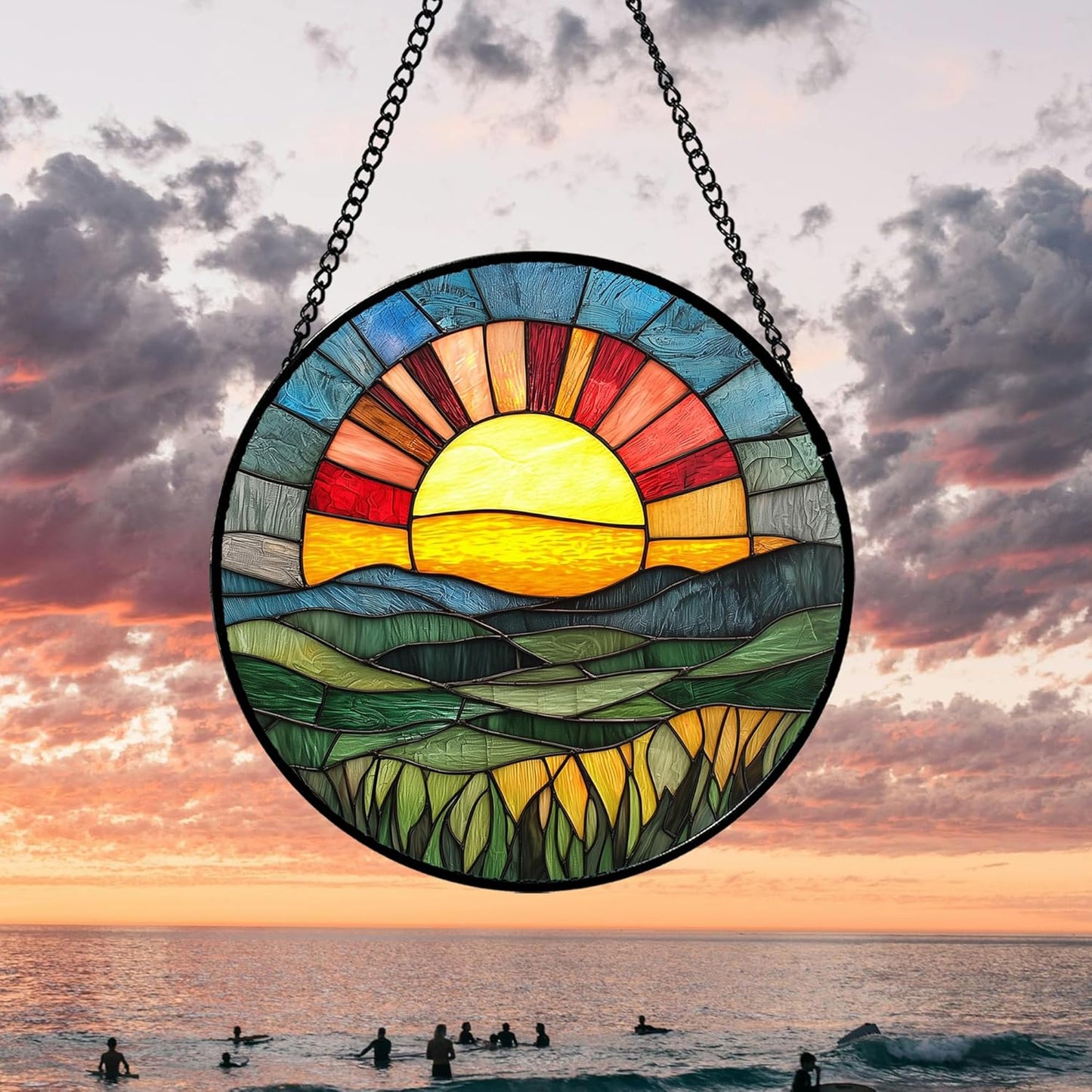Stained Glass Window Hanging, Golden Red Sun Green Mountain Suncatcher for Window Home Decor Nature Landscape Sun Catcher Mother's Day Birthday Gifts for Women Men Mom Nana 15 in