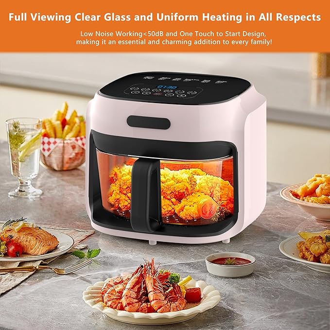 Glass Air Fryer, 7.6QT with Transparent Fry Bowl, Circulating Heating, Temperature Control, Air Fryer Roast, Dishwasher Safe (Pink)