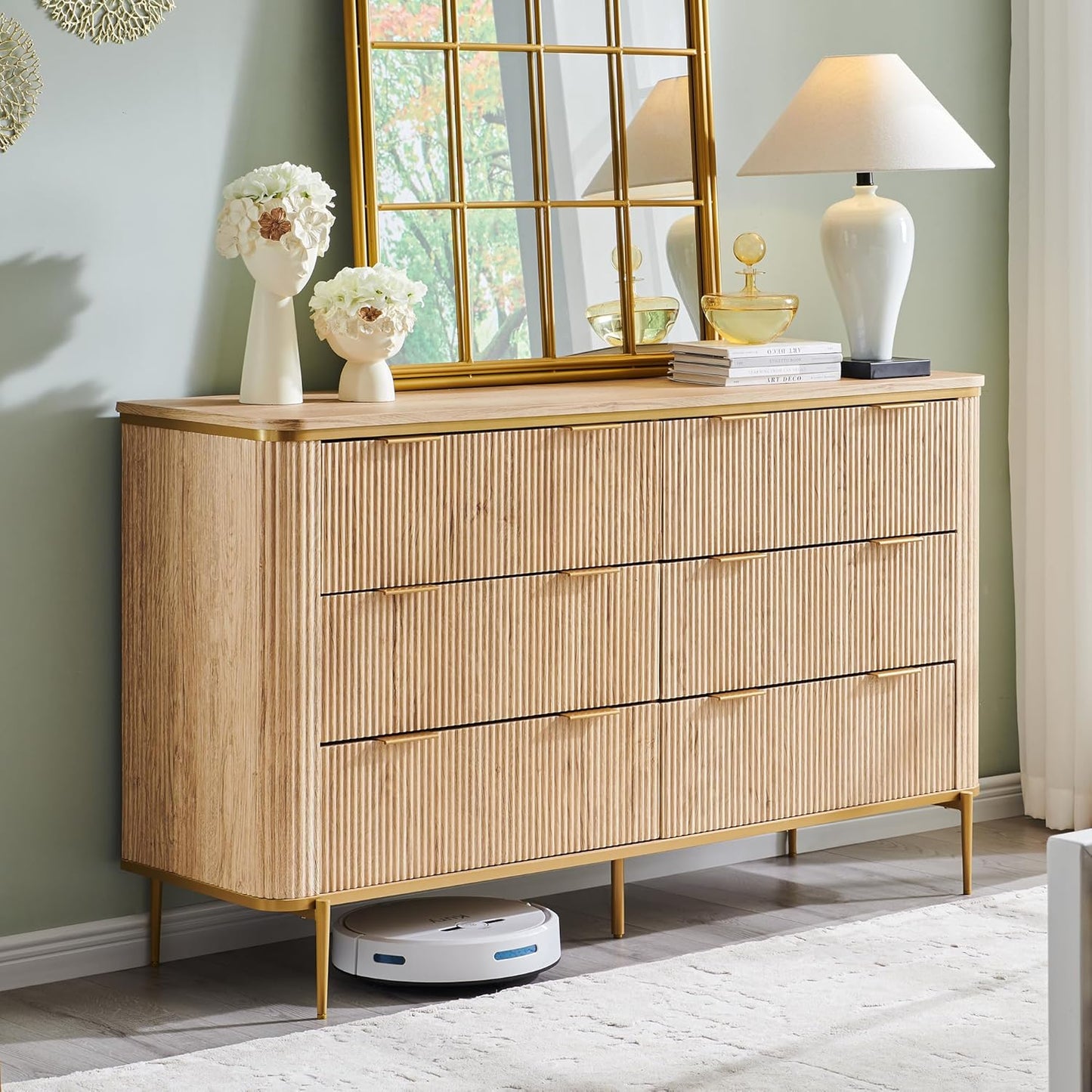 T4TREAM Fluted 6 Drawers Dresser for Bedroom, 54" Wide Modern Dresser TV Stand, Gold Accents, Fluted Fronts, Wood Storage Dressers Organizer for Bedroom, Living Room, Natural Oak