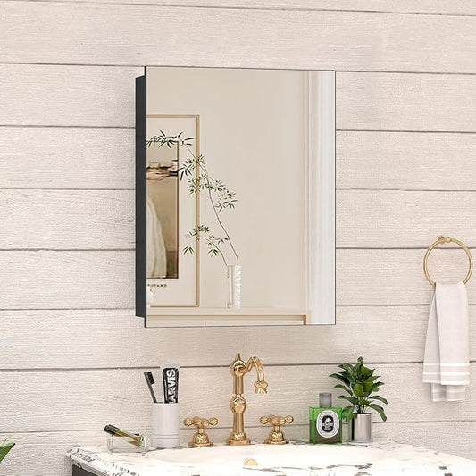 14 x 18 Farmhouse Medicine Cabinet for Bathroom, Small Black Bathroom Mirror with Storage, Tempered Glass, Frameless Recessed or Wall Mount Aluminum Medicine Cabinet - Pre-Assembled