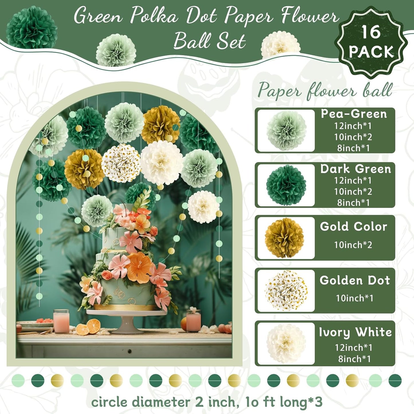 Green Wedding Party Decorations Set, 16 PCS Tissue Paper Pom Poms, Dots Paper Garland for Engagement, Green Boho Wedding, St. Patrick's Day Party, Baby Shower Party Decor