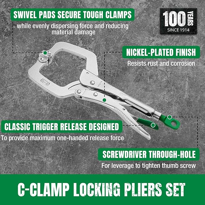 SK 2-Piece C-Clamp Locking Pliers Set with Swivel Pads, 6" & 11" Pliers, Premium CR-V Construction, Ergonomic Anti-slip Handle